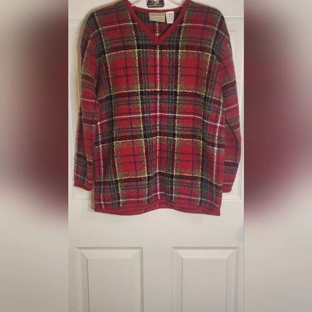 Vtg Liz Claiborne M Red Blue White Plaid Wool Blend Lslv V-neck Women's Sweater